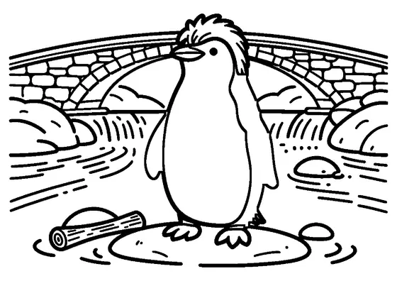 Un pingüino de Fiordland sobre unas rocas junto a un arroyo de montaña, con un puente y una cascada al fondo.
