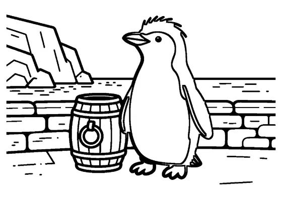 Un pingüino de Fiordland junto a un barril de madera y un antiguo muro de piedra.