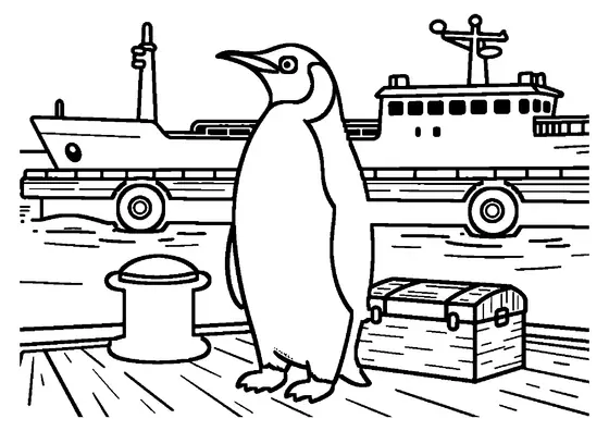 Un pinguin regal stă lângă o baba de acostare pe un dig înghețat.