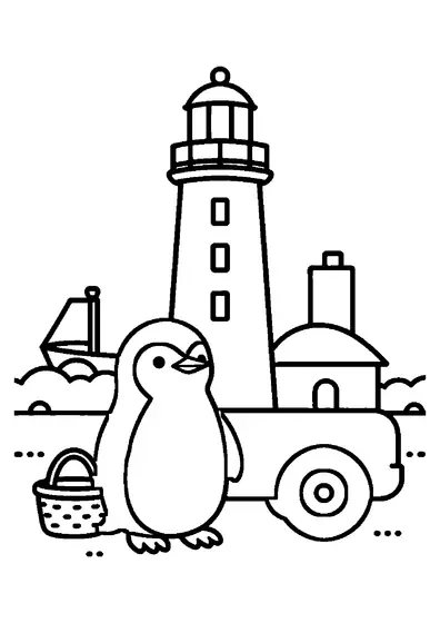 Un pinguin mic stă lângă un coș împletit, pe o cărare de coastă care duce spre un far alb.