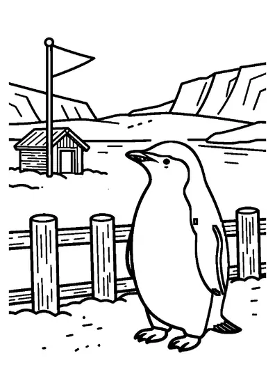 Un pinguin antarctic stă lângă un gard din lemn pentru zăpadă și o cabană acoperită de chiciură.