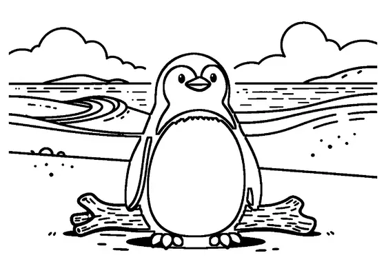 Ein Pinguin sitzt neben einer Muschel und Treibholz auf einer breiten sandigen Landzunge.