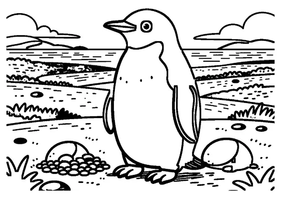 Ein Pinguin steht an einem breiten Nest aus Kieselsteinen auf einer Ebene am Meer.