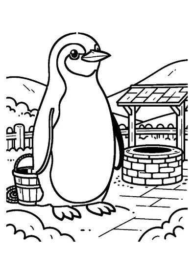 Un pingüino está de pie sobre unas piedras junto a un antiguo pozo de madera.