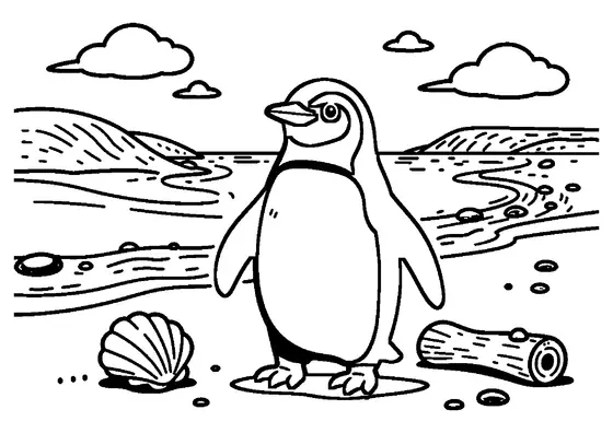 Ein Pinguin kommt aus den Wellen an einen breiten Kiesstrand neben einer großen Muschel.