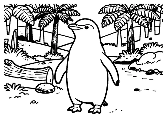 Un pinguin cu ochi galbeni merge pe o potecă printr-o pădure deasă de ferigi.