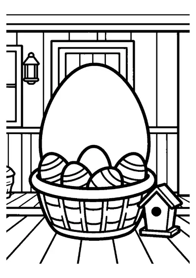 Una cesta de mimbre llena de huevos de Pascua geométricos en un porche de madera junto a una casita de pájaros.
