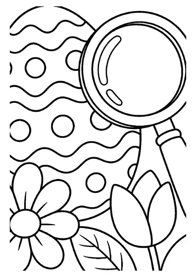 A decorated Easter egg with wavy lines and dots behind a big magnifying glass, with a flower, a tulip and a leaf.