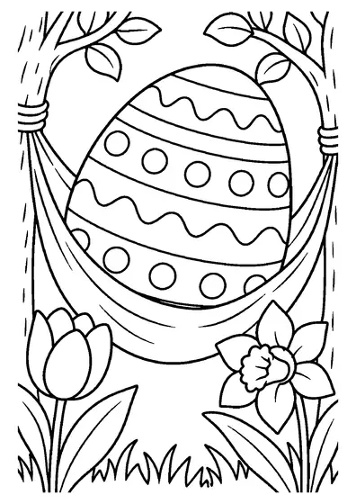 A large decorated Easter egg with wavy lines and dots rests in a hammock between two trees above a tulip and a daffodil