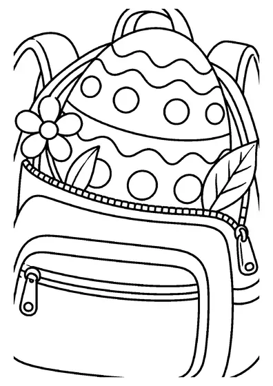 Decorated Easter egg with wavy lines and dots peeking out of an open zippered backpack with a five-petal flower and leaves
