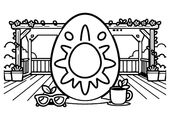Ein Osterei mit Sonnenstrahlen steht auf der Terrasse neben einer Sonnenbrille und einem Becher mit Minze.