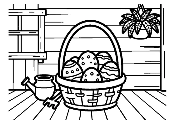 Traditioneller Osterkorb mit Henkel und vielen Ostereiern auf den Holzdielen einer Veranda.