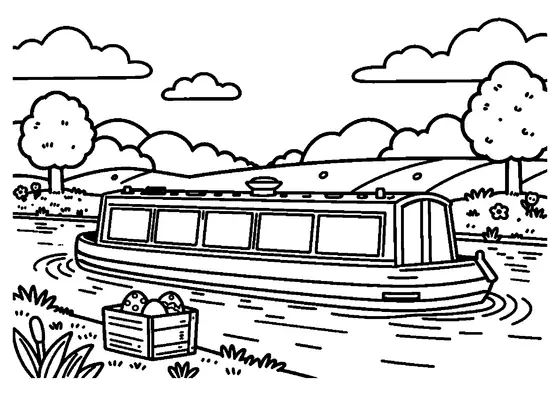 A long canal barge next to a crate of Easter eggs on a calm spring canal.