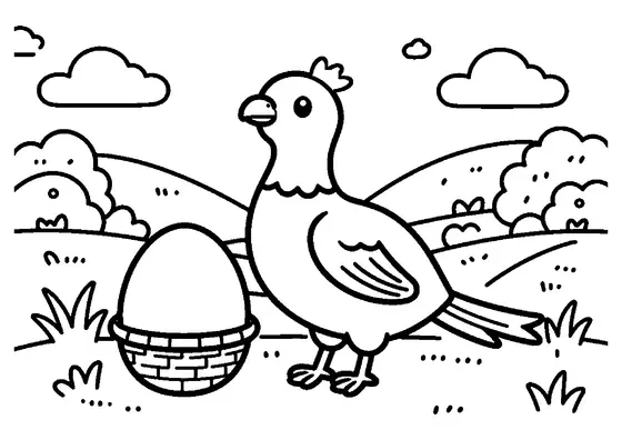Un grande fagiano accanto a un uovo di Pasqua e a un cestino su un sentiero nel prato tra cespugli fioriti.