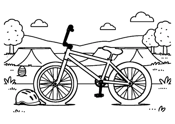 Un grand vélo BMX se trouve près d’un œuf de Pâques décoré et d’un casque, sur une piste en terre printanière.