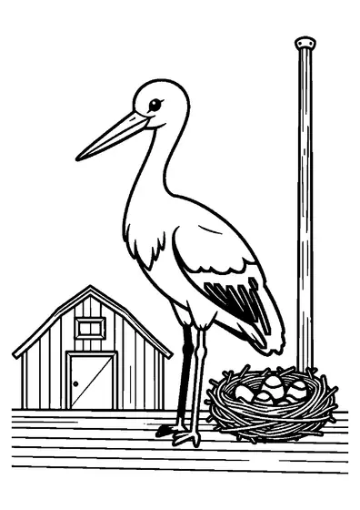 Coloriage représentant une cigogne sur une plateforme de nidification, près d’une grange à la campagne.