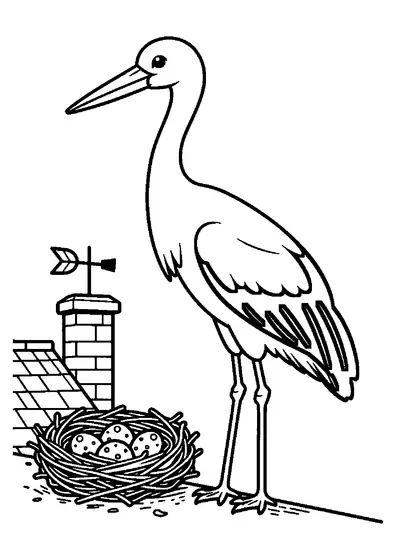 Um flamingo com um bico comprido em pé perto de um ninho de palha no telhado de um galpão com ovos de Páscoa.