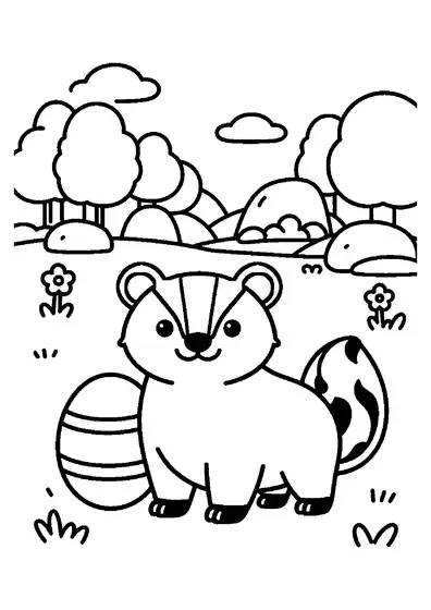 A badger standing next to a large Easter egg outside its burrow on a flowery forest edge.