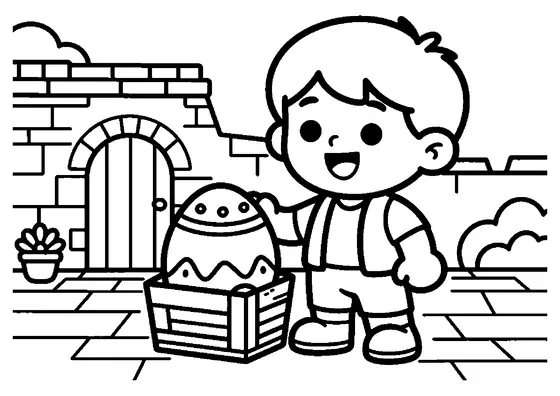 Un niño sonriente junto a una caja de madera que contiene un gran huevo de Pascua decorado en un patio de granja.