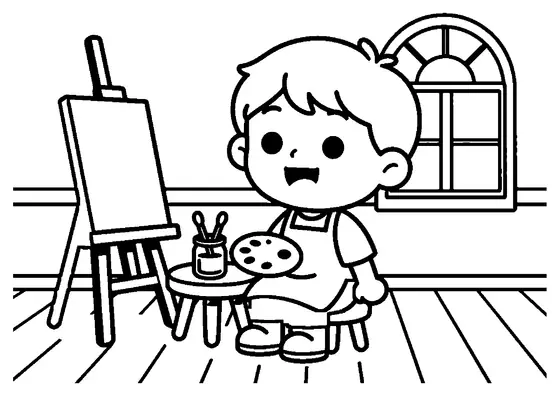 Dessin à colorier représentant un jeune peintre dans son atelier, créant des motifs sur un œuf de Pâques.
