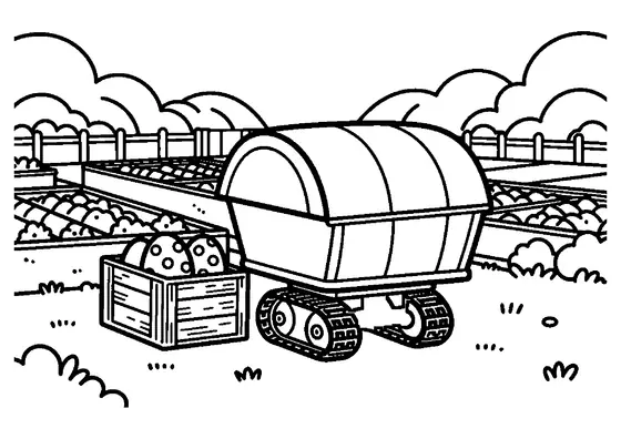 A small tracked transporter standing by a crate of Easter eggs in a garden.