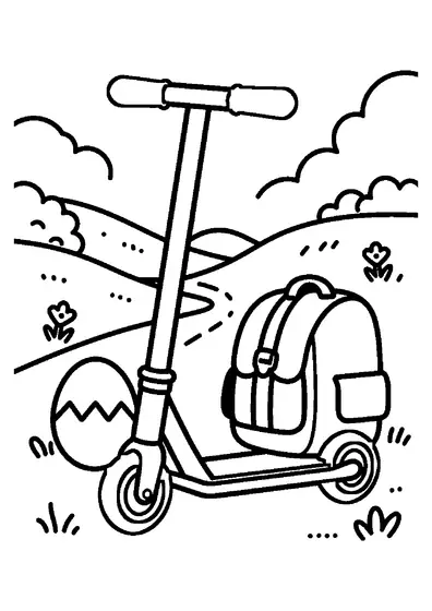 Une trottinette tout-terrain est garée près d’un grand œuf décoré et d’un sac à dos, sur un chemin bordé de crocus.