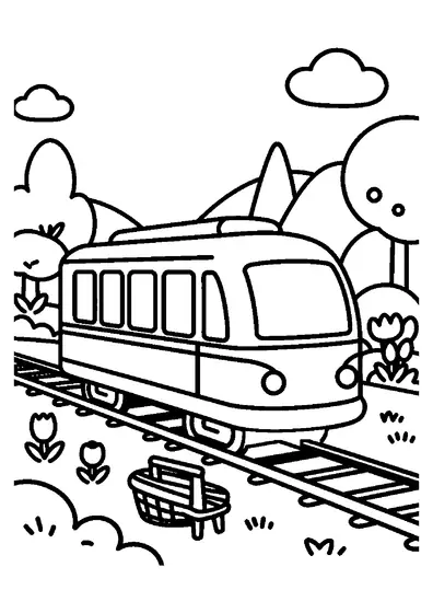 A sleek monorail car gliding above a large basket of Easter eggs in a flowering garden.