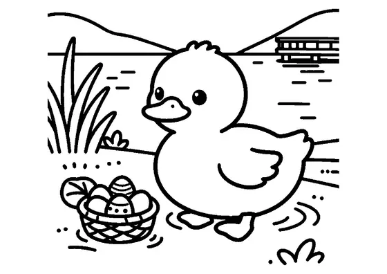Coloriage représentant un petit caneton nageant près d’un panier d’œufs décorés posé au bord d’un lac.