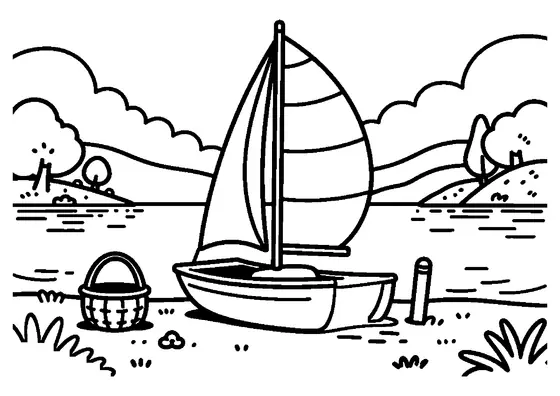 A catamaran sailboat with a wide sail next to an Easter egg basket along a blooming shoreline.