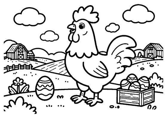 Un gallo fiero in piedi accanto a una cassetta di uova pasquali su un sentiero di campagna circondato da primule.