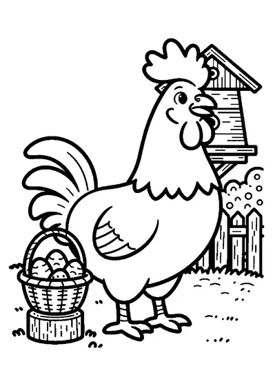 Un gallo orgulloso junto a una colmena de madera y una cesta de huevos de Pascua decorados.