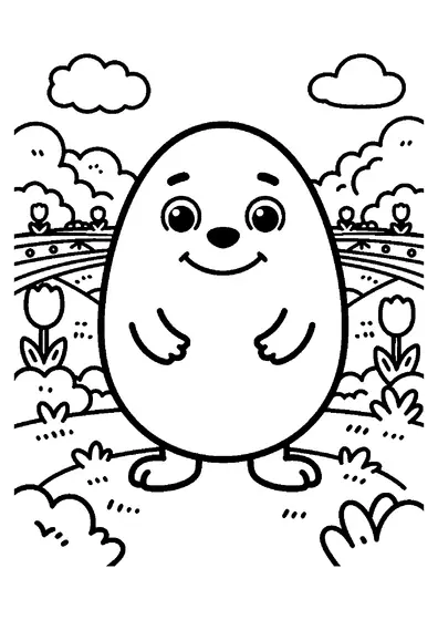 A mole peeking from a wide molehill next to a huge patterned Easter egg.