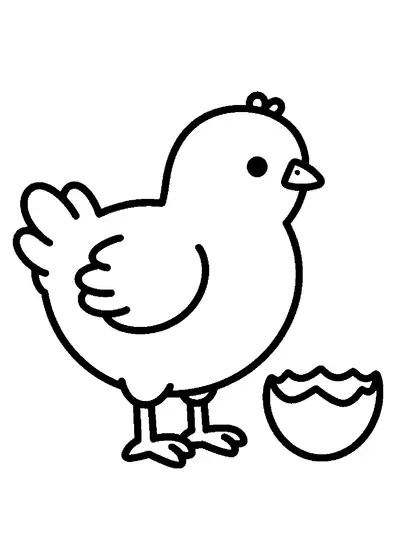 Petit poussin se tenant calmement près d’une grande coquille d’œuf cassée.