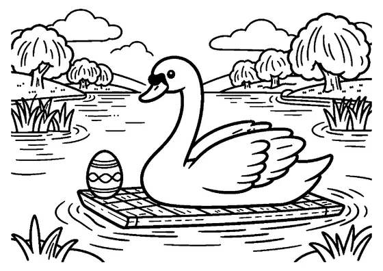 Un cygne nage près d’un petit radeau transportant un grand œuf décoré, sur un lac entouré de roseaux.