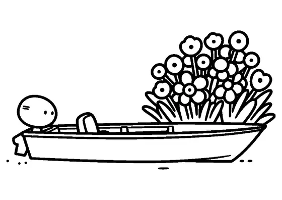 A speedboat next to a large cluster of shoreline flowers.