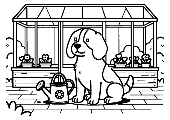 Um cão beagle com orelhas caídas sentado num caminho de tijolos ao lado de um regador e um ovo de Páscoa.