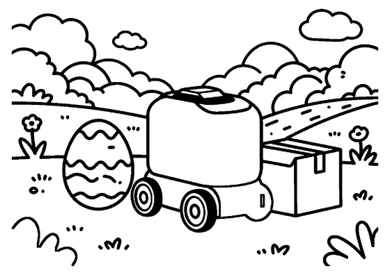 A wheeled delivery robot standing next to a large Easter egg on a spring path.