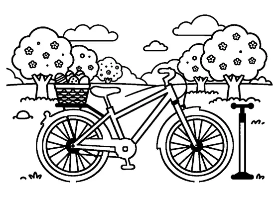 Un VTT équipé d’un panier d’œufs de Pâques et d’une pompe se tient sur un chemin dans un verger en fleurs.