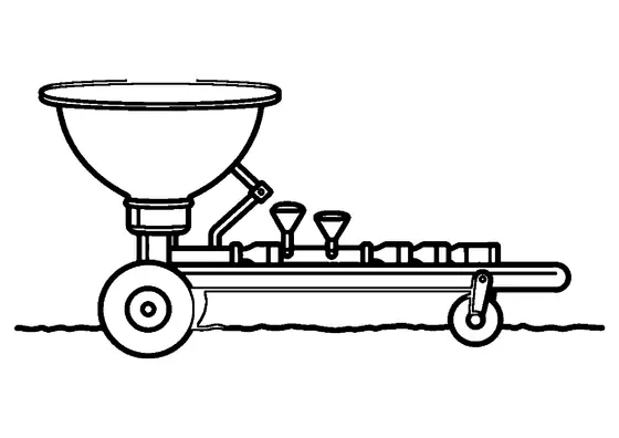 Una grande seminatrice agricola con tramoggia e ruote in un campo aperto.