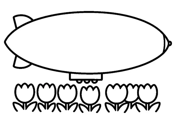 A rounded airship blimp flying over a large patch of tulips.