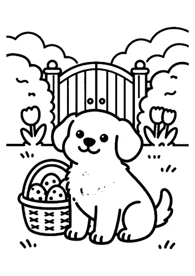 A happy puppy sits by a large Easter egg basket near an open garden gate.
