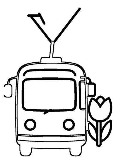 Vista frontale di un tram cittadino accanto a un grande tulipano in fiore.