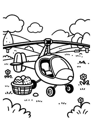 A light gyrocopter resting next to a giant basket of Easter eggs in a meadow under cloudy skies.