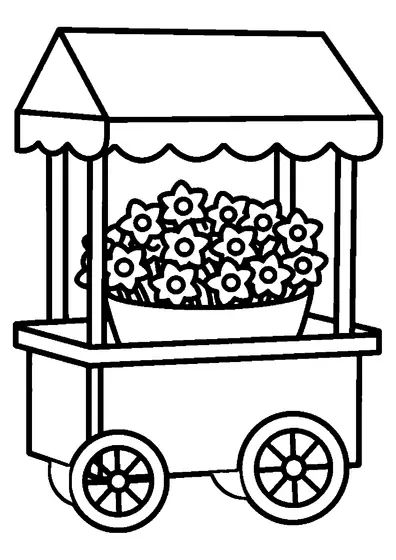 A flower cart with a canopy and a large bouquet of daffodils.