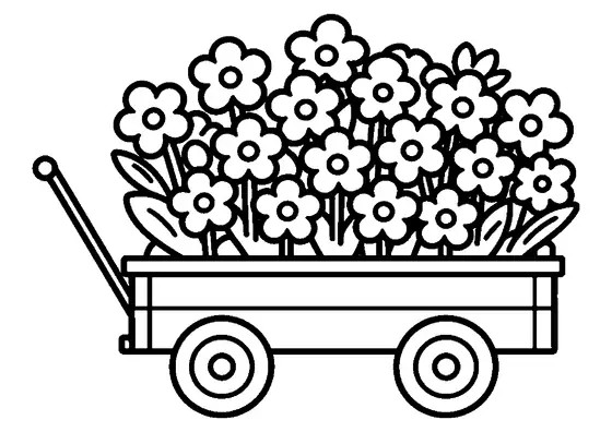 A low orchard utility cart carrying a large crate of spring flowers.