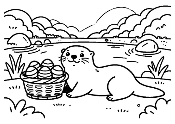 A smiling otter resting near a large basket of Easter eggs by a spring pond.