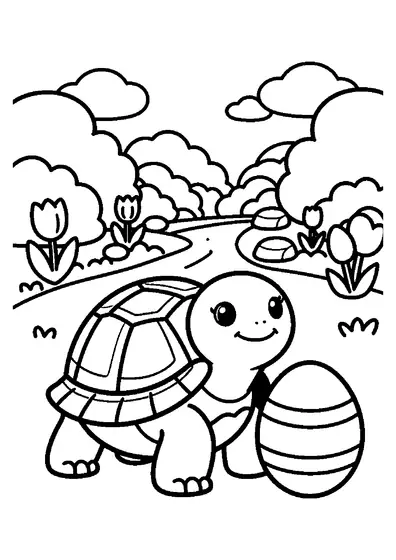 A large turtle stands by a patterned Easter egg on a spring garden path.