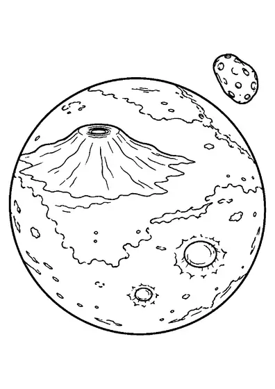 Mars with a broad shield volcano, wide plains, two simple craters, and a small moon floating nearby in the upper right.