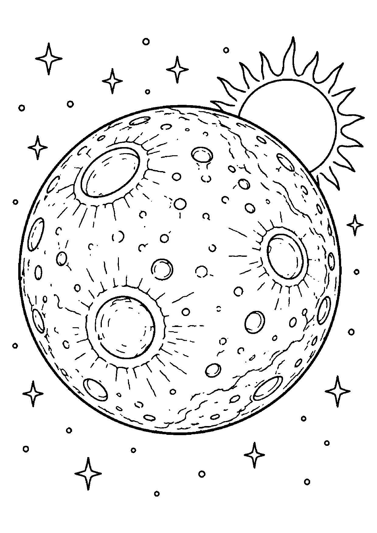 Large crater-covered Mercury with part of the Sun behind it and small stars scattered across a plain space background.