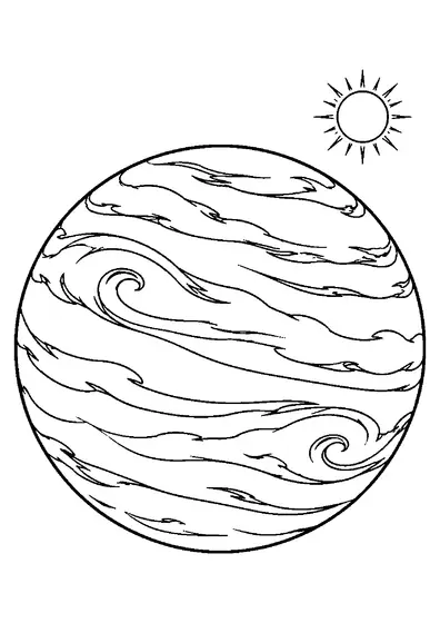 Large Venus wrapped in broad swirling cloud bands with a small Sun visible above and to the right.